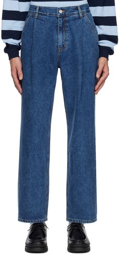 Wide-leg 12oz non-stretch denim jeans. Fading throughout. · Belt loops · Four-pocket styling · Zip-fly · Pleats at front waistband · Contrast stitching in tan Supplier color: Indigo washed Uniform Bridge, Pleated Jeans, Comfortable Jeans, Jeans Men, Pocket Jeans, Contrast Stitch, Distressed Jeans, Denim Fashion, Stretch Denim