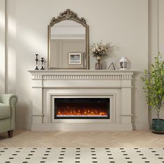 a living room with a fireplace and mirror