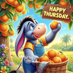 a cartoon character holding an orange in front of a sign that says happy thursday