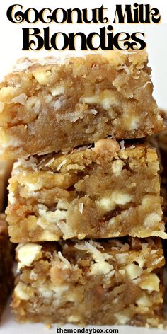 Stack of blondie bars closeup of cut edges showing blondie, coconut, and white chocolate chips. Chewy Blondies Recipe, Coconut Blondies, Toffee Blondies, Chewy Blondies, Milk Toffee, Coconut Brownies, Toffee Crunch, Coconut Baking