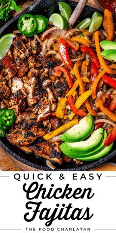 chicken fajitas in a cast iron skillet with text overlay