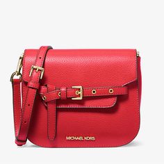 Crossbody Bag Leather 100% Leather Gold-Tone Hardware 9.25”W X 6.5”H X 3.5”D Adjustable Measurement:18.5”-22.5” Exterior Details: Back Slip Pocket, Removable Strap Interior Details: Front Slip Pocket Lining: 100% Polyester Snap Fastening Imported Red Saddle Bag With Gold-tone Hardware, Red Crossbody Flap Bag, Chic Red Saddle Bag With Adjustable Strap, Elegant Red Saddle Bag With Gold-tone Hardware, Red Crossbody Flap Bag With Adjustable Strap, Red Leather Saddle Bag With Gold-tone Hardware, Modern Red Crossbody Flap Bag, Red Crossbody Flap Bag For Travel, Red Crossbody Saddle Bag With Detachable Strap