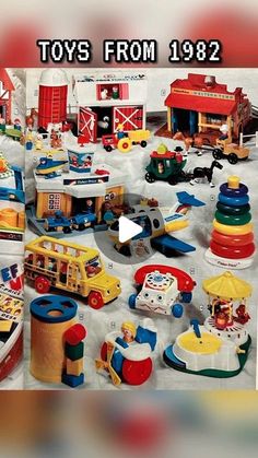 toys from 1932 are displayed in an advertisement for children's toys, including fire trucks and other toy vehicles