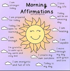 a drawing of the sun and clouds with words on it that say morning affirmationss