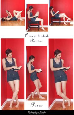 a woman sitting on a chair reading a book and looking at her cell phone while wearing short shorts