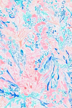 an abstract painting with blue, pink and green leaves