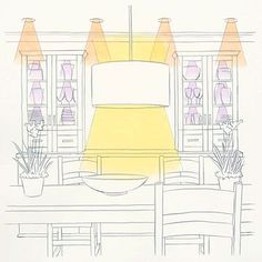 a drawing of a dining room table with chairs and a lamp on top of it