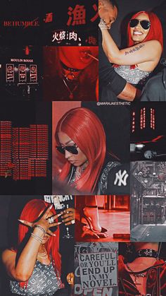 a collage of photos with red hair and black sunglasses, including an image of a woman holding a cell phone