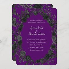 a purple and black wedding card with roses on the front, surrounded by greenery