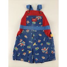 This is a vintage Osh Kosh B'Gosh one-piece overall shorts, has some fading on fabric from wear and a few spots in bib area. No rips/tears. Size 4T. The colorful multicolor pattern features bears at the beach and has adjustable straps with a buckle closure. Made of 100% cotton, it is machine washable and perfect for casual occasions. Beach Cotton Shortalls Overall, Red Cotton Jumpsuit For Playtime, Playful Summer Shortalls, Casual Shortalls With Pockets For Playtime, Playful Cotton Shortalls With Pockets, Casual Red Cotton Shortalls, Vintage Sleeveless Jumpsuit With Pockets, Playful Cotton Shortalls For Summer, Retro Blue Cotton Shortalls