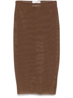 sepia brown mesh design double layer semi-sheer construction elasticated waistband straight hem knee-length Brown Lined Knee-length Pencil Skirt, Chic Brown Midi Length Skirt, Brown Stretch Midi Skirt, Fitted Midi Skirt In Brown, Brown Flowy Midi-length Skirt, Knee-length Relaxed Brown Skirt, Relaxed Knee-length Brown Skirt, Spring Brown Relaxed Pencil Skirt, Brown Relaxed Knee-length Skirt