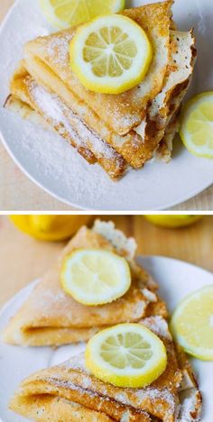 two pictures of pancakes with lemons and powdered sugar on the top one has been cut in half