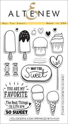 the stamp set is designed to look like an ice cream cone, cupcakes and hearts