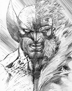 a black and white drawing of an evil man