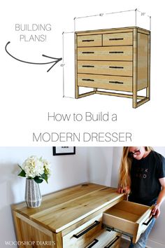 a wooden dresser with drawers and the words how to build a modern dresser