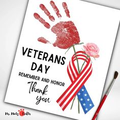 a veterans day card with a handprinted rose and ribbon