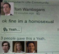 a newspaper page with pictures of people on it and the caption that reads, tom wambosgans ok fine in a homosexual & homosexual yeah