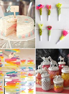 there are many different pictures with cake and candy