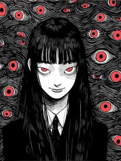 a woman with long black hair and red eyes