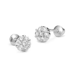 This earring is comprised of 92.5% Sterling Silver and is Rhodium plated to improve the finish and appearance of the earring. Process of Rhodium plating allows for a brighter finish, similar to white gold, and it helps to prevent tarnish which is prevalent in silver, while providing the added benefit of being scratch resistant. The earring is secured by a screw back, which needs to be screwed onto the pin behind the earlobe, as opposed to being pushed into the backing. This also provides added s Classic White Gold Flower Earrings For Pierced Ears, Silver Round Flower Earrings With Prong Setting, Classic Silver Flower Earrings With Prong Setting, Classic Silver Flower Shaped Cluster Earrings, Silver Flower Shaped Cluster Earrings, Classic Silver Flower Cluster Earrings, Classic Silver Flower-shaped Cluster Earrings, Silver Flower-shaped Cluster Earrings, Classic Silver Round Flower Earrings