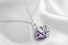 Diamond Amethyst Sterling Silver Double Heart Necklace Heart Crystal Necklace, Silver Chain Pendant, Double Heart Necklace, Heart Crystal, Pendent Necklace, Heart Pendant Diamond, Heart Shaped Diamond, Charm Pendant Necklace, Double Heart