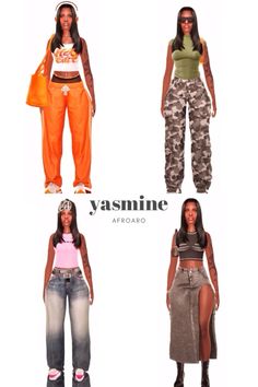 four different types of women wearing clothes with the words yasmine on them in black, white and orange