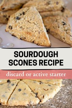 some scones are stacked on top of each other with the words sourdough scones