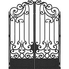 an iron gate with scroll designs on the top and bottom panel, is shown in black