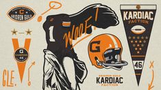 an orange and black poster with various sports related items