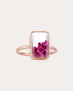 Set atop a slim band, this 18-karat rose gold ring features a rectangular sapphire crystal face filled with an array of loose ruby stones. From Moritz Glik’s Core Collection, the Kaleidoscope Shaker™ in its purest form. Kaleidoscope Shaker™ face 18k rose gold, white sapphire crystal and ruby Ruby carat: 0.67 ctw Ruby cut: baguette Clean with soft, dry cloth Handmade in New York City Measurements Face width: 9mm Face length: 12mm Petite Ring, Pure Form, Rose Gold White, Ruby Stone, Ruby Ring, White Sapphire, Sapphire Crystal, 18k Rose Gold, Earings Piercings