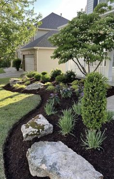 landscaping in front of a house with rocks and plants