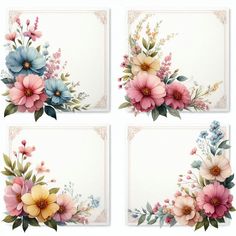 four cards with flowers and leaves on the front, one in pink, one in blue