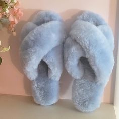 Beautiful Authentic Rjs Fuzzies Sheepskin Baby Blue Slipper. Genuine Sheepskin Leather Upper. Very Soft. Please Look At Pictures. Nwt. Light Blue Slippers, Blue Girly Things, Cute Winter Shoes, Cloud Room, Fairy Slippers, Bridesmaid Slippers, Blue Stuff, Girly Apartments, Blue Slippers