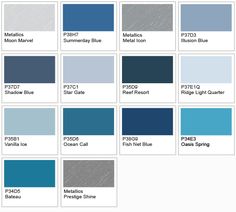 the color chart for different shades of blue and gray, with text that reads metallics,