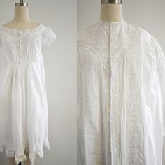 Description: Victorian/mid-1800s white cotton nightgown and robe. Both pieces have intricate embroidery with small perforations. The gown has short sleeves with a wide scoop neckline. Pull-on with front buttons. The hem of the gown is ruffled. Both pieces have pin tucks and pleating.  The robe has long sleeves with embroidered cuffs. It is ankle length; the gown is shorter. Condition: In good condition for its age. There are a few small holes - the worst is the hem on the robe (bottom half of the last photo). There are a few tiny, faint spots. It has been laundered. The robe is missing all its buttons; it needs 26 on the front and two for the cuffs.  Designer: n/a  Stated size: n/a  Measurements:  Robe: Armpit to armpit: 23" Shoulder to shoulder: 16"  Sleeve length (neck to cuff): 26.5" Ov White Cotton Nightgown, Embroidered Robe, Nightgown And Robe, Embroidered Cuffs, Embroidered Robes, Cotton Nightgown, Pajama Robe, Intricate Embroidery, Womens Pyjama Sets