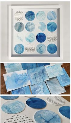 blue and white art work is displayed in three different frames, with the words written on them