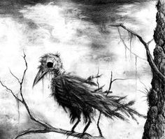 a black and white drawing of a bird perched on a tree branch in front of a cloudy sky