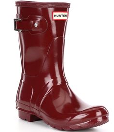 From Hunter&#x2C; the Women's Original Short Rain Boots feature:Rubber upperPull on designAdjustable strap for a custom fitLogo detailing at frontSynthetic liningRubber outsoleApprox. 9.45" shaft heightApprox. 14.76" shaft circumferenceApprox. 0.59" heel heightImported. Red Rain Boots, Short Rain Boots, Wellington Boot, Outdoor Boots, Women Hunters, Dillard's, Boot Shoes Women, Mid Calf, Rain Boots