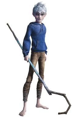 an animated character holding a stick and wearing blue