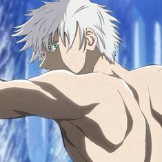 an anime character with white hair and green eyes pointing at something in the sky behind him