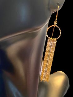 "BEAUTIFUL Estate 14k Yellow Gold Circle TASSEL Threader Dangle Earrings! * Unique style tassel dangle threader earrings!! * Measures approximately 2\" long with drop! * 1.9 grams PERFECT FOR GIFT! Ships FAST! Will be sent in a gift box :) I guarantee item to be as described and pictured so please shop with confidence : )" Gold Fringe Drop Earrings, Elegant Gold Tassel Earrings With Ear Wire, Gold Jewelry With Tassels For Celebrations, Gold Tassel Jewelry For Celebration, Yellow Gold Dangle Tassel Earrings For Party, Gold Fringe Chandelier Earrings As Gift, Gold Dangle Tassel Earrings With Fringe, Gold Long Drop Tassel Jewelry, Gold Long Drop Chandelier Earrings With Tassels