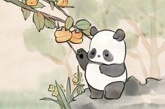 a panda bear standing on its hind legs next to a tree with fruit hanging from it's branches