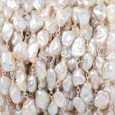 8x6-9x7mm Cream Keshi Pearls on .925 Silver Chain - Beadsofcambay.com Gemstone Beads Wholesale, Bead Suppliers, Keshi Pearls, 925 Sterling Silver Chain, Pearl Chain, Wholesale Beads, Sterling Silver Chain, Jewelry Making Beads, Rosary