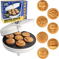 an electric cookie maker with eight cookies in front of it and the box next to it