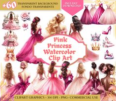 pink princess watercolor clip art