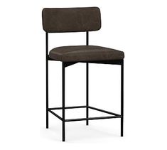 a brown leather bar stool with black metal frame and back support, viewed from the front