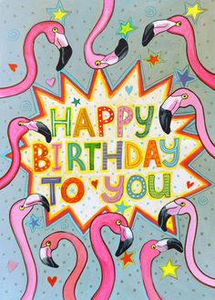 happy birthday to you card with flamingos and stars