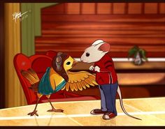 a cartoon mouse and a bird on a table