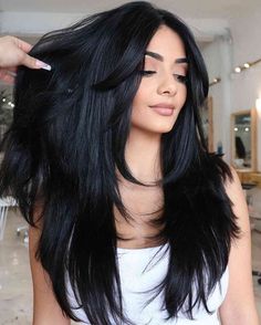 In need of a simple yet winning look? Browse through this list as the magic of black hair gets revealed. Layered Haircuts Dark Hair, Haircuts Dark Hair, Jet Black Hair, Really Long Hair, Black Hair Color, Long Layered Haircuts, Braid In Hair Extensions, Hair Colours, Long Layered Hair