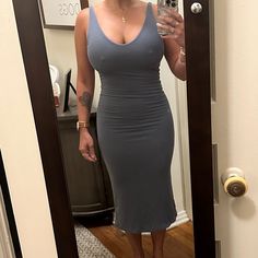 I Bought This Dress At A Very Recent Sample Sale, So While It Is Brand New, It Does Not Have Any Labels Or Tags. The Color Is Called Demin (A Slate Blue/Grey), And The Ribbed Material Is Super Soft, Stretchy, And Thick (Not See Through). I Wasn’t Able To Try It On Beforehand, But When I Finally Did At Home I Felt It Was Just A Bit Too Snug On My Body. I’d Love To Pass This Along To Someone In The Market For A Cute & Casual Dress You Can Run Errands In. It’s Currently Still Available On The Websi Gray Stretch Midi-length Dress, Gray Stretch Midi Dress, Casual Gray Midi Bodycon Dress, Cute Casual Dress, Cute Casual Dresses, Sample Sale, Slate Blue, Blue Gray, Blue Grey